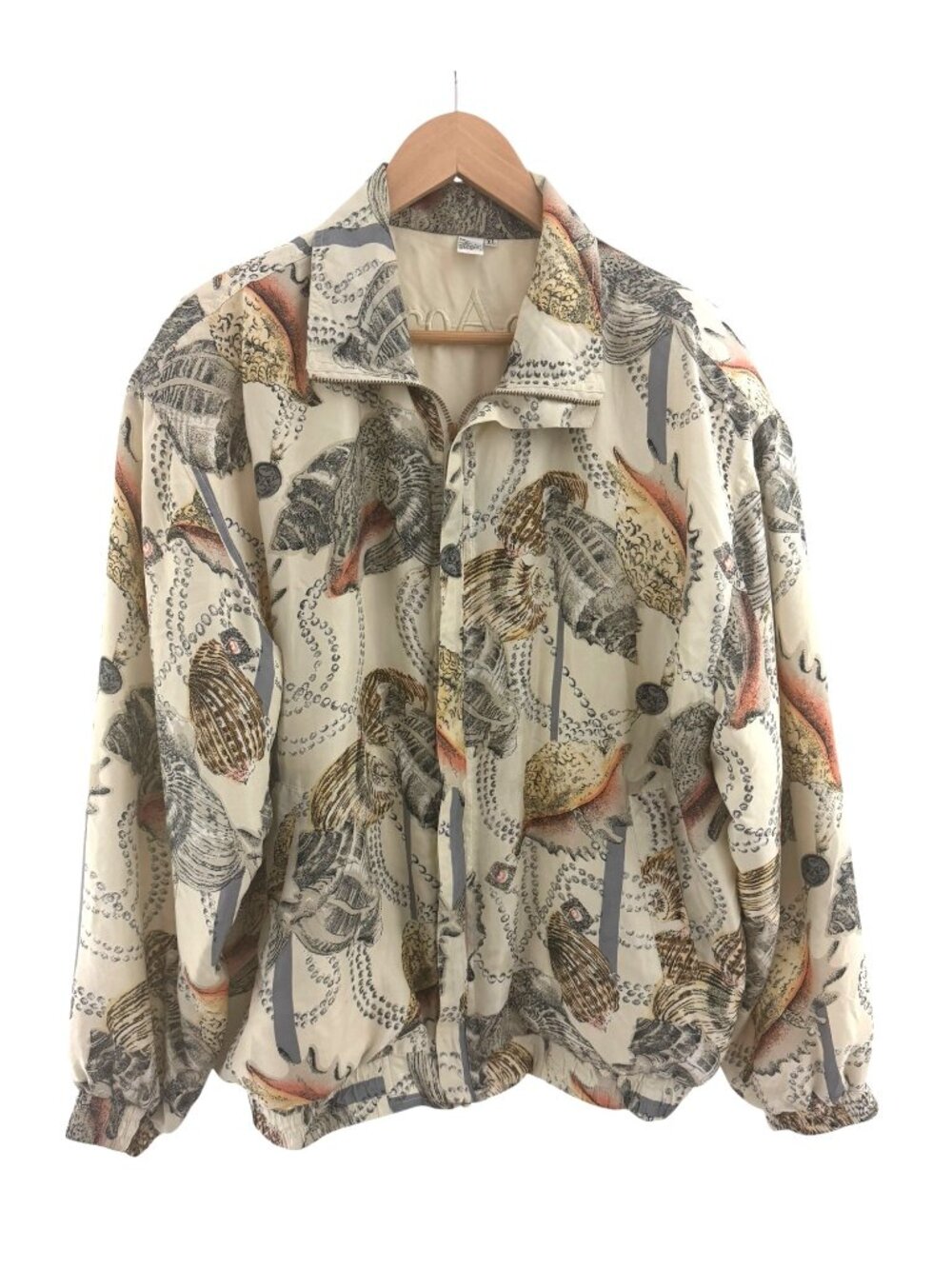 Vintage coAco Silk Seashell Pearl Print Long Sleeve Lined Jacket Pockets Size XL